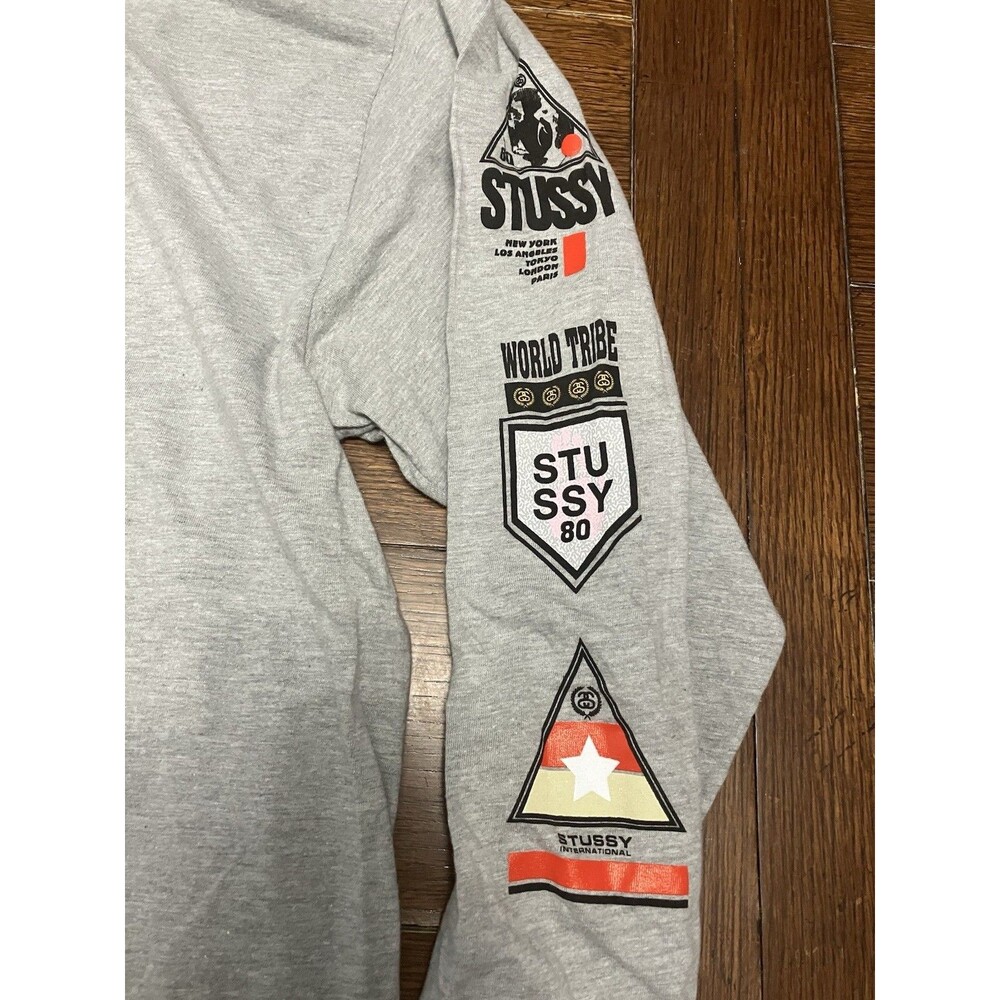 Stussy World Tribe S Link Logo Grey Long Sleeve Shirt Men's XL Streetwear NWOT - Picture 2 of 5